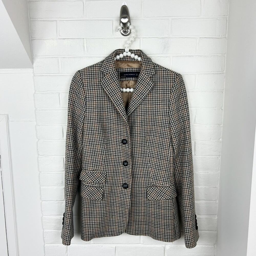 Zara Wool Blend Brown Houndstooth Knit Blazer Jacket Size XS